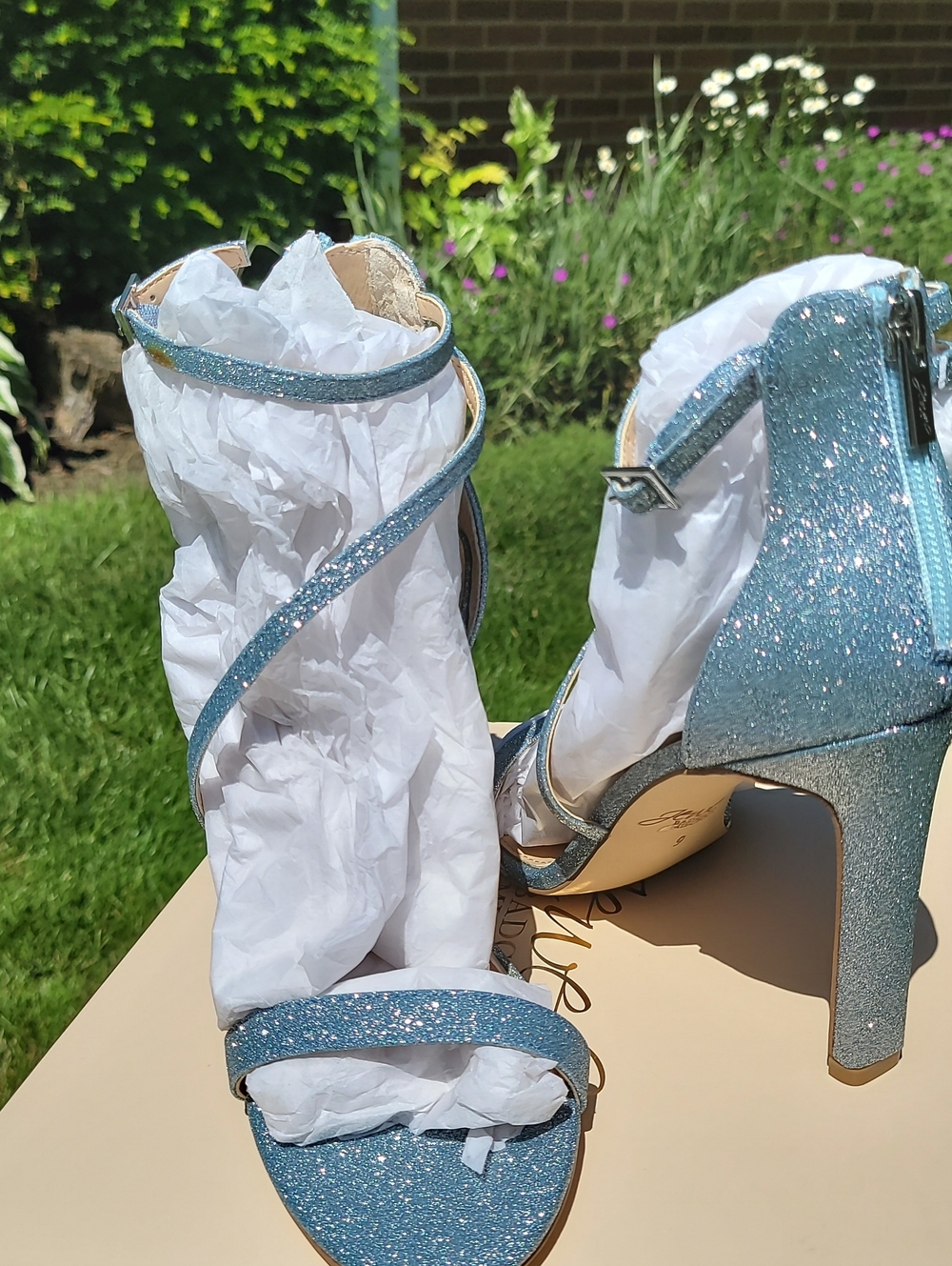 Glitter Strappy High Heel Sandals in Light Blue